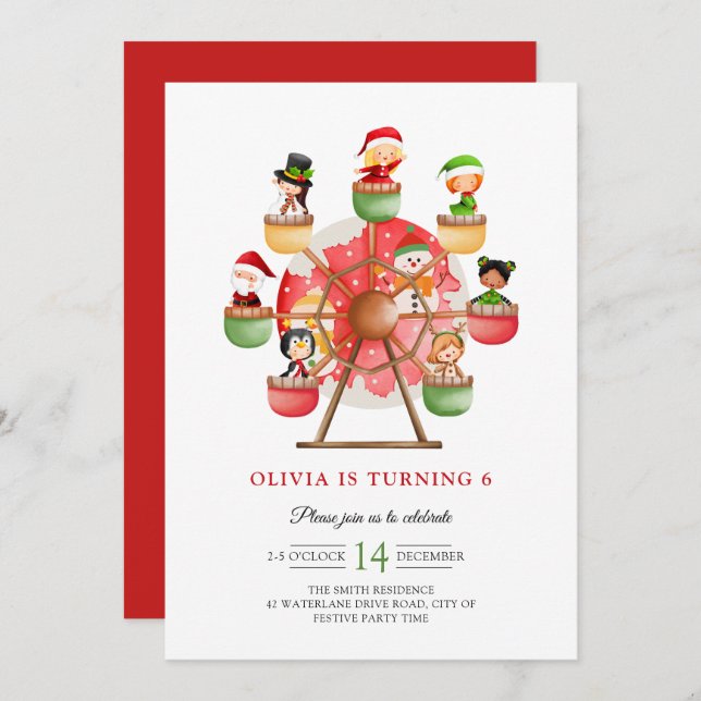 Convite Crianças Winter Wonderland Ferris Wheel Xmas Anive (Frente/Verso)