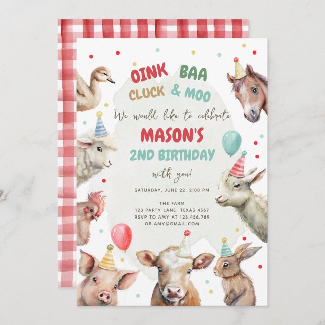 Convite Criatividade Animais Red Gingham Barnyard Birthday (Frente/Verso)