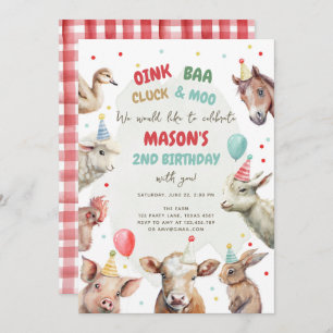 Convite Criatividade Animais Red Gingham Barnyard Birthday