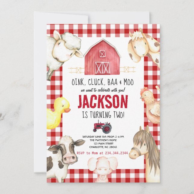 Convite Criatividade Animais Red Gingham Barnyard Birthday (Frente)