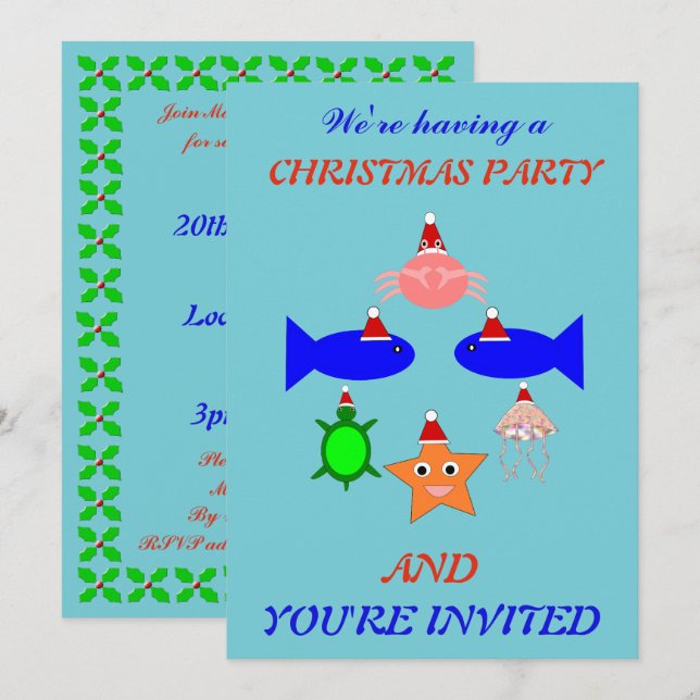Convite Criaturas do Mar de Natal Personalizadas (Frente/Verso)
