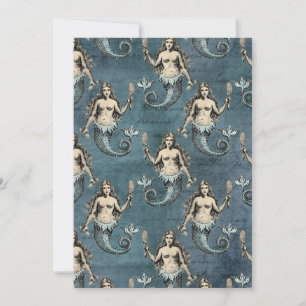 Convite Criaturas Marinhas Sereias Cor Azul Manuscrito