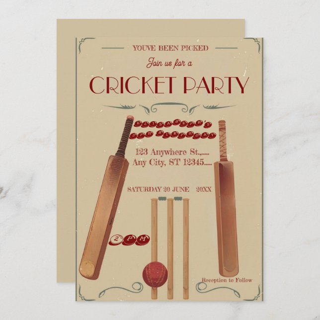 Convite Cricket Birthday Party Sports Invitation (Frente/Verso)