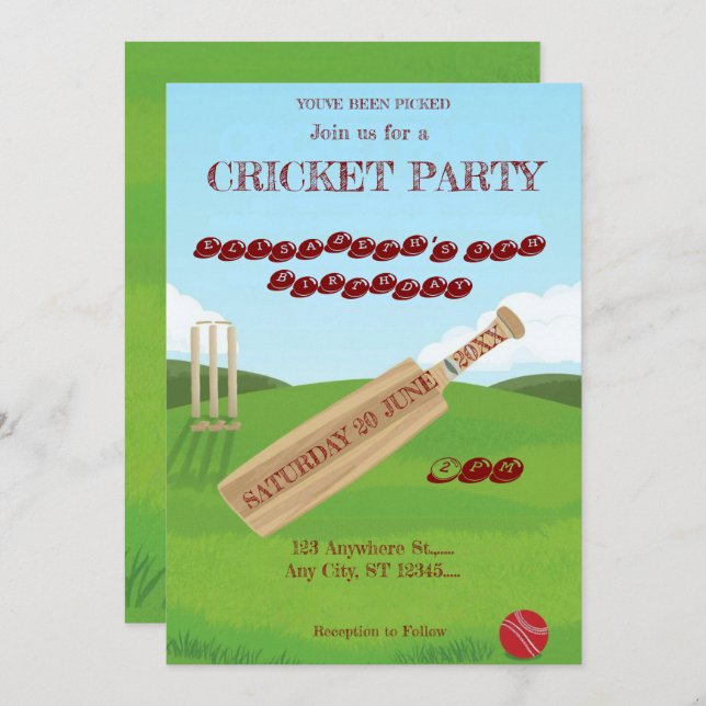 Convite Cricket Birthday Party Sports Invitation (Frente/Verso)
