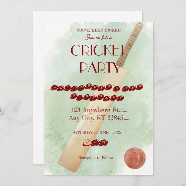 Convite Cricket Birthday Party Sports Invitation (Frente/Verso)
