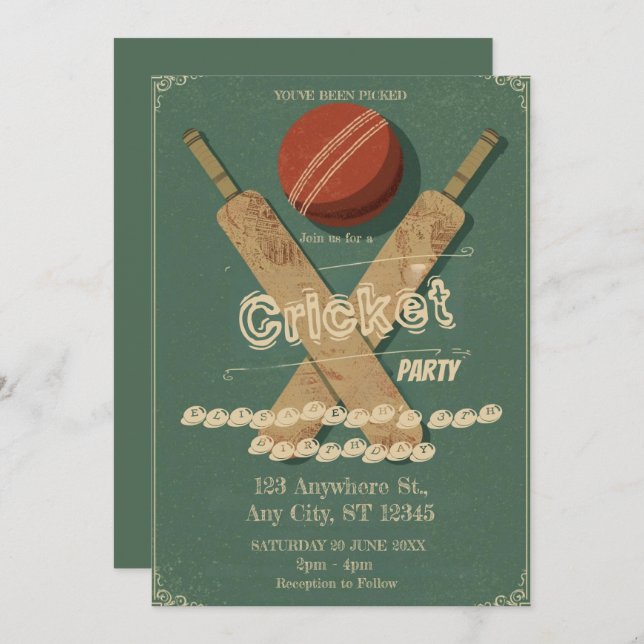 Convite Cricket Birthday Party Sports Invitation (Frente/Verso)