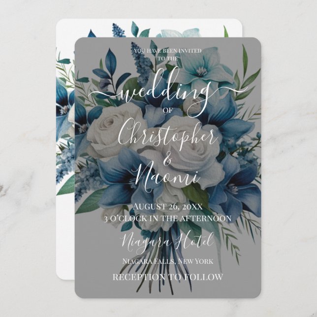 Convite Crie o seu próprio Buquê de Flor Branco Azul Vinta (Frente/Verso)