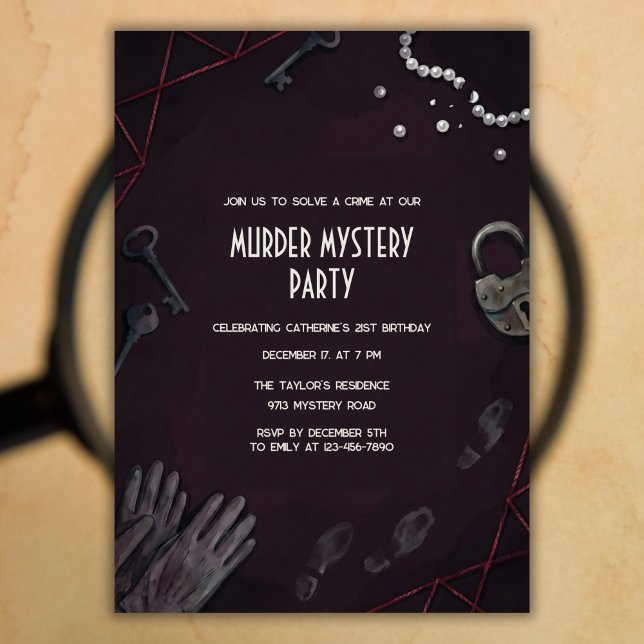 Convite Crime Scene Murder Mystery Birthday Party (Murder Mystery Birthday – Noir Crime Scene, Keys & Pearls, Personalized)