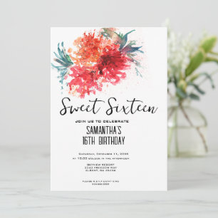 Convite Crimson Floral Sweet 16 Invite - Design de Aquarel