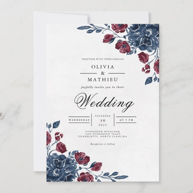 Convite Crimson Navy Floral Archway Wedding (Frente)
