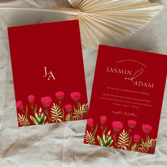 Convite Crimson Red Poppies Casamento Monograma (Crimson Red Poppies Monogram Wedding Invitation)