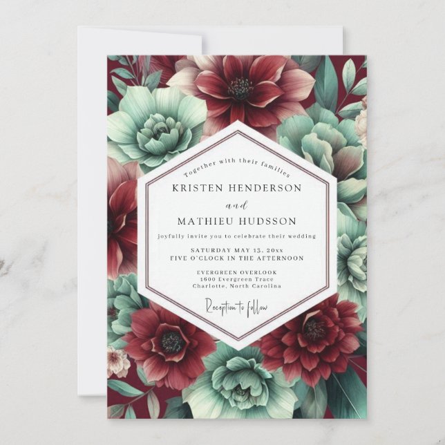 Convite Crimson & Teal Lush Botanical Wedding (Frente)
