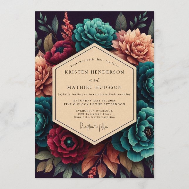 Convite Crimson & Teal Opulent Bloom Wedding (Frente)