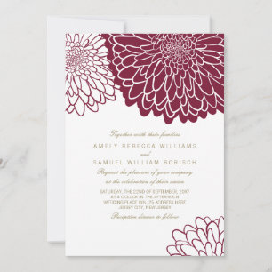 Convite Crisântemo Borgonha Texto Dourado Casamento Simple