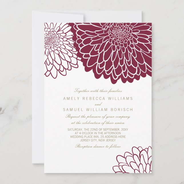 Convite Crisântemo Borgonha Texto Dourado Casamento Simple (Frente)