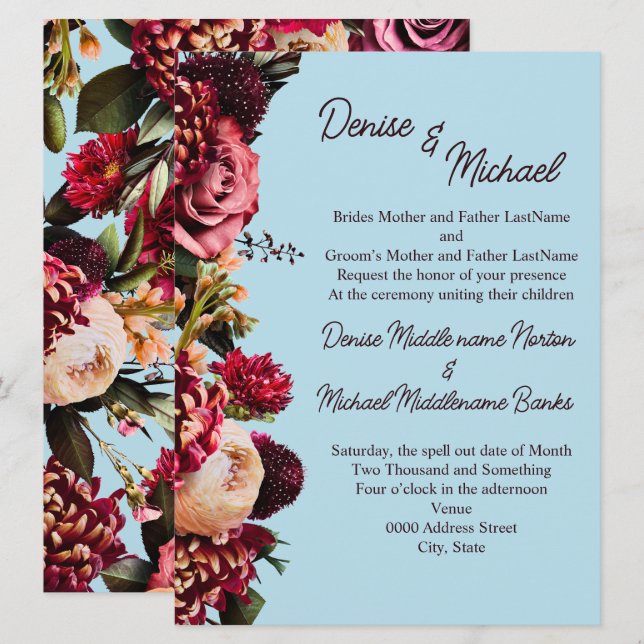 Convite Crisântemo em Açúcar Girado Azul (Frente/Verso)