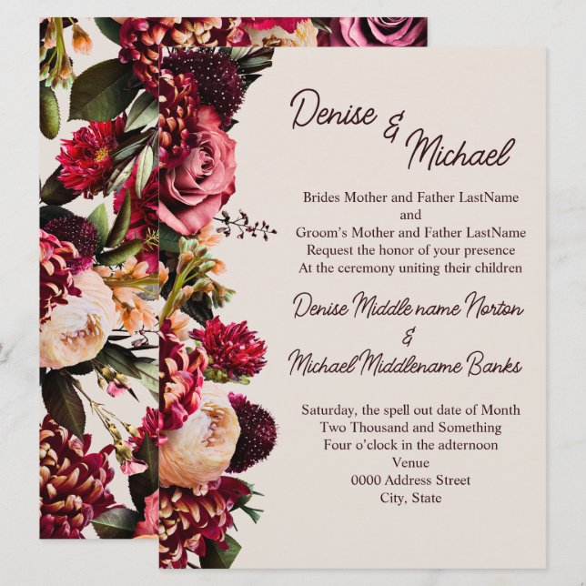 Convite Crisântemo em Bege Cameo (Frente/Verso)