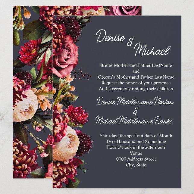 Convite Crisântemo em Cinza Noite Polar (Frente/Verso)