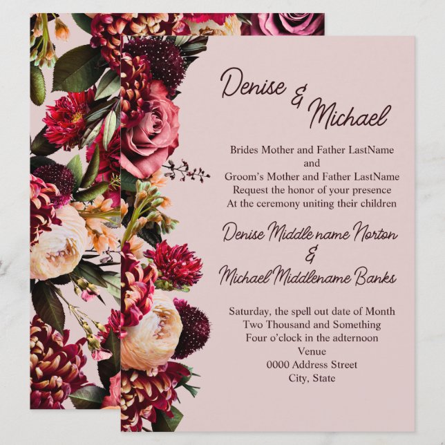 Convite Crisântemo sobre Giz Rosa-Violeta (Frente/Verso)