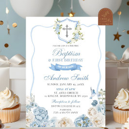 Convite Crista Azul e Floral Batismo & Primeiro Aniversári