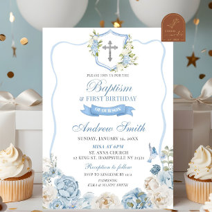 Convite Crista Azul e Floral Batismo & Primeiro Aniversári