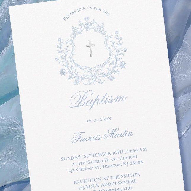 Convite crista azul pastel menino Batismo (Criador carregado)