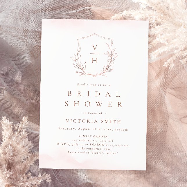 Convite Crista botânica em rosa dourado para chá de noiva  (Rose gold botanical crest monogram bridal shower invitation)