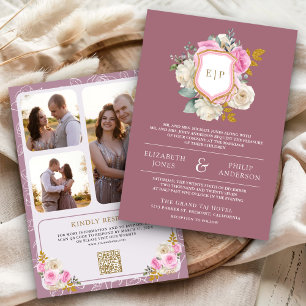 Convite Crista de Casamento Floral Rosa Mauve em Código QR
