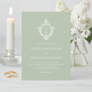 Convite Crista de Casamento Verde Sage Vintage Elegante Mo