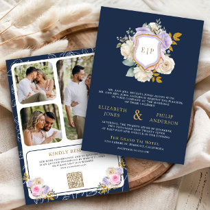 Convite Crista de Código QR Floral Roxo Casamento Azul Mar