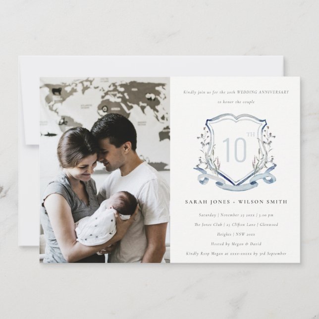 Convite Crista de Flor Silvestre Azul Foto Aniversário de  (Frente)