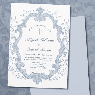 Convite Crista de Folhagem Azul Elegante Casamento Religio