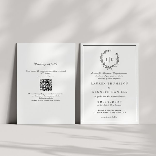 Convite Crista de Monograma de Folha Casamento Código QR P (Criador carregado)