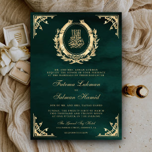 Convite Crista de Ouro Antigo Esmeralda Verde Casamento Mu