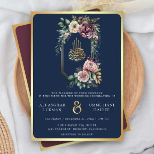 Convite Crista Floral Dourada Roxa Azul Marinho Casamento