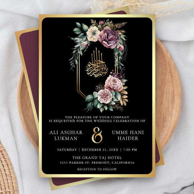 Convite Crista Floral Dourada Roxa Casamento Muçulmano Pre (Criador carregado)