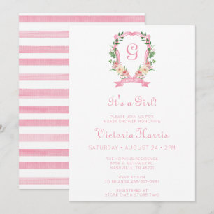 Convite Crista Floral Rosa É Uma Menina Chamada Baby Showe
