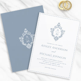 Convite Crista Monograma Azul Empoeirado Formal Elegante C