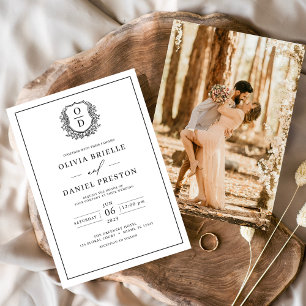 Convite Crista Monograma Branco Preto Folhado Foto Casamen