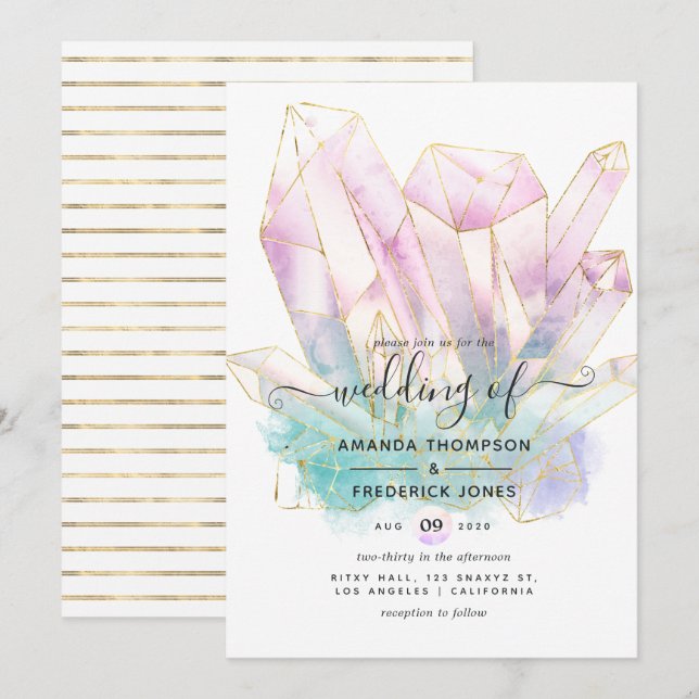 Convite Cristais de Aquarela Geométrica Casamento (Frente/Verso)