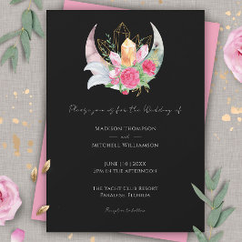 Convite Cristais Penas Flores Rosa Casamento Boho Lua