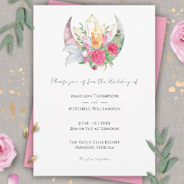 Convite Cristais Penas Flores Rosa Casamento Boho Lua