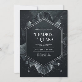 Convite Cristal Preto Prateado Hexágono Moderno Casamento