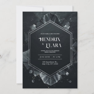 Convite Cristal Preto Prateado Hexágono Moderno Casamento