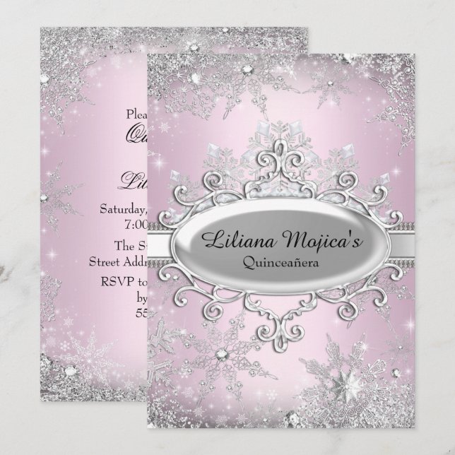 Convite Cristal Rosa Claro Floco de Neve Princesa Quincean (Frente/Verso)