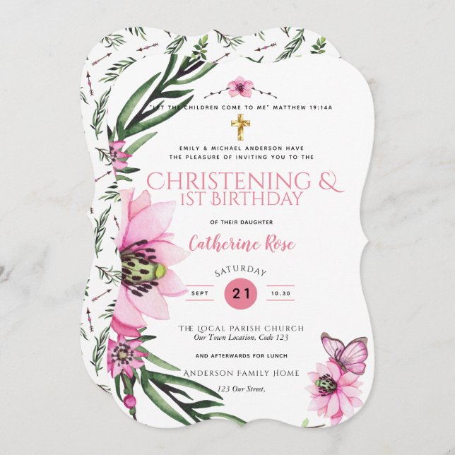 Convite Cristening and primeiro aniversario Girls Pink Flo (Frente/Verso)