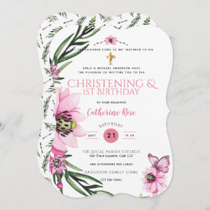 Convite Cristening and primeiro aniversario Girls Pink Flo