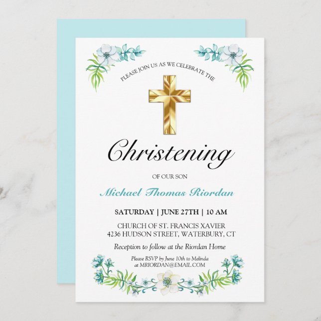 Convite Cristening Blue Floral do Elegante Dourado Cross B (Frente/Verso)