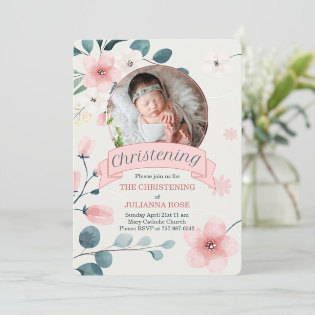 Convite Cristening Rosa para Bebê Menina Pêssegos (Em pé/Frente)