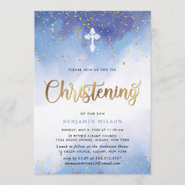 Convite Cristo De Aquarela Azul E Dourado